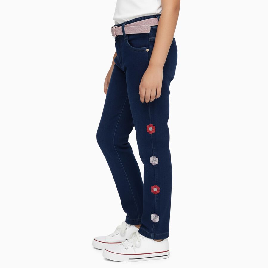 Girls' Dark Wash Embroidered Regular Fit Jeans, गहरा नीला, large image number null