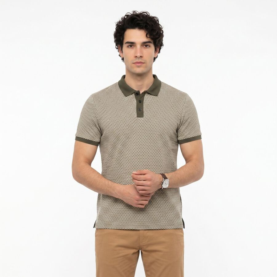 Men's Grey Polo Neck Geometric Polo T-Shirt, गहरा ग्रे, large