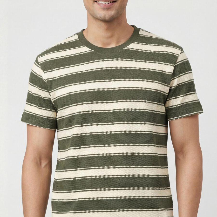 Men Olive Green Round Neck Casual T-Shirt, Olive, large