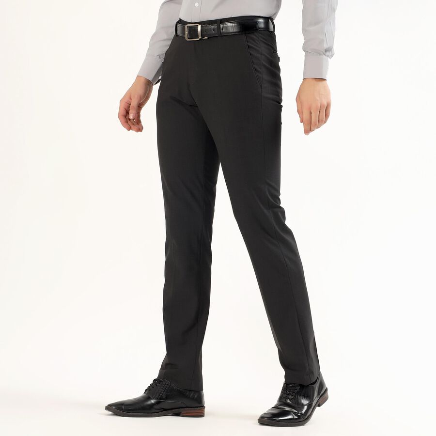 Men's Charcoal Black Slim Fit Flat-Front Formal Trousers, काला, large image number null