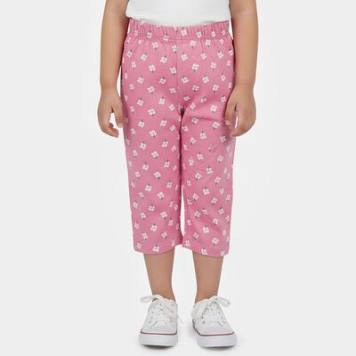 Girls' Pink Floral Printed Elastic Waist Cotton Capri