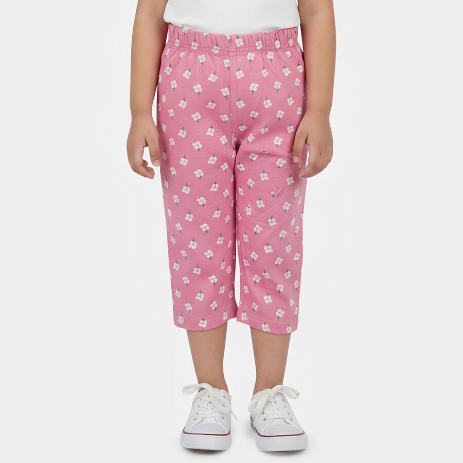 Girls' Pink Floral Printed Elastic Waist Cotton Capri, Pink, large