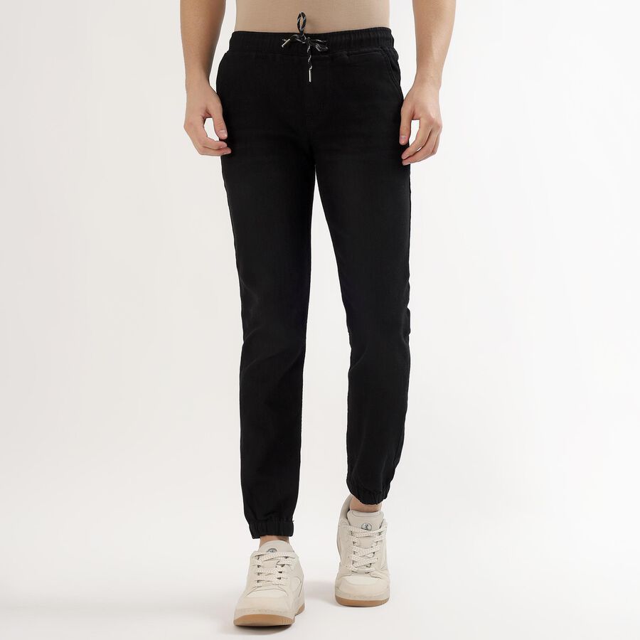 Men's Jet Black Slim Fit Elastic Waist Jeans, काला, large image number null