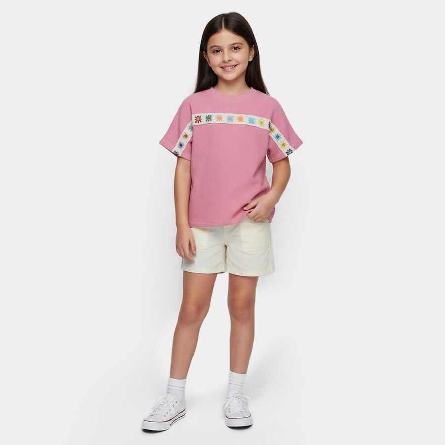 Girls Pink Round Neck Casual T-Shirt, Pink, large