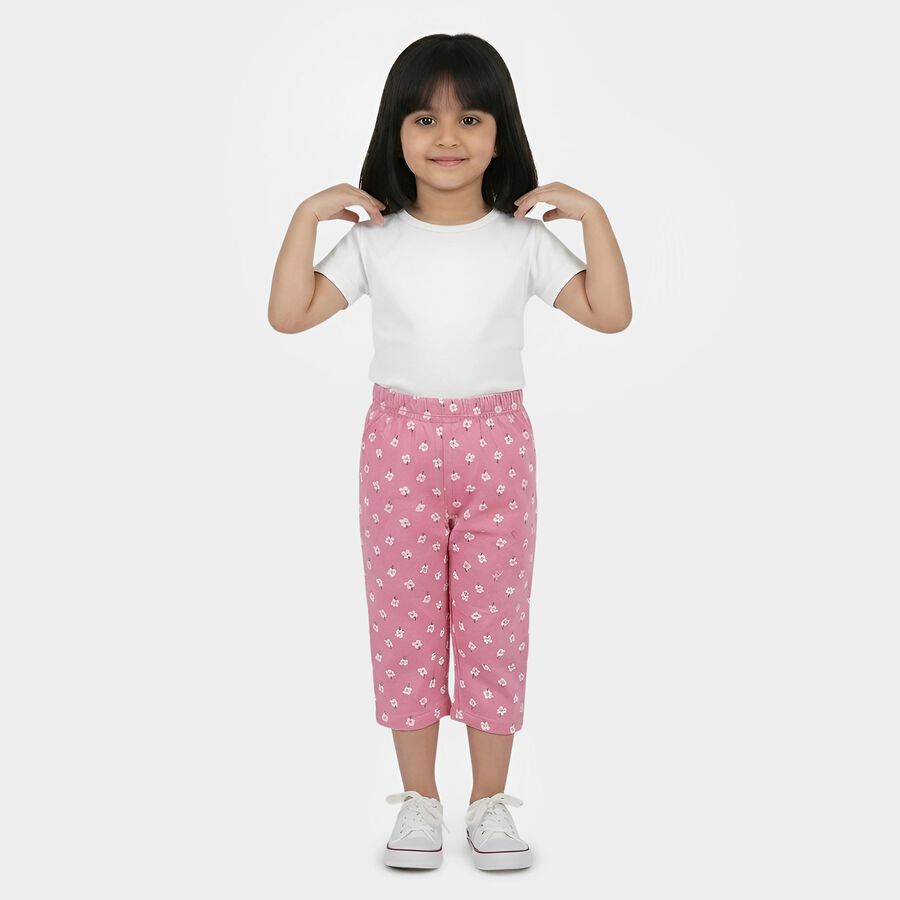 Girls' Pink Floral Printed Elastic Waist Cotton Capri, Pink, large