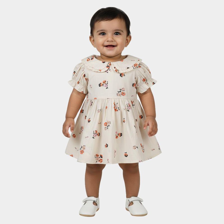 Girls' Cream Floral Print Puff Sleeve Frock, White, large