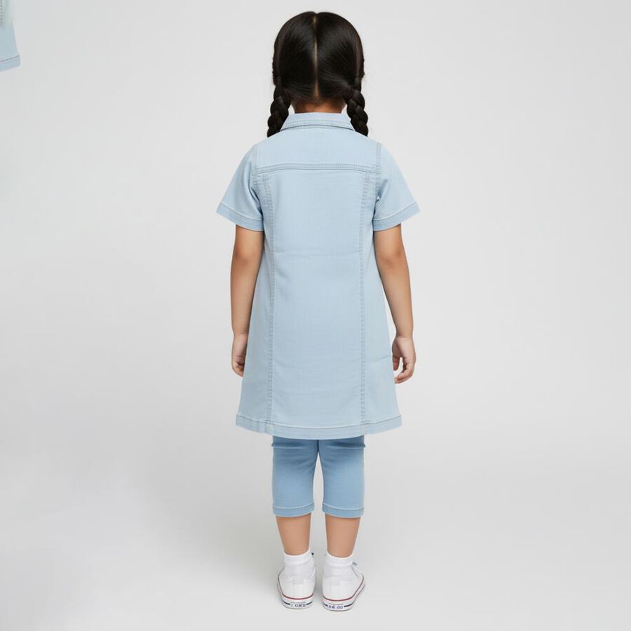 Girls' Light Sky Blue Embroidered Short Sleeve Denim Frock, Light Blue, large image number null