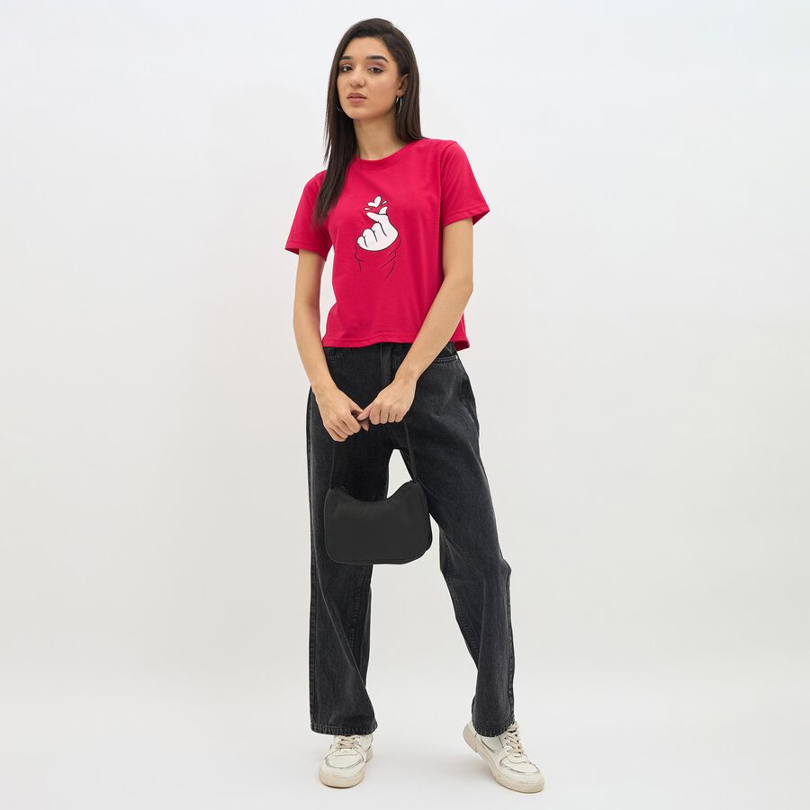 Women's Bright Red Round Neck Casual T-Shirt, Fuchsia, large image number null