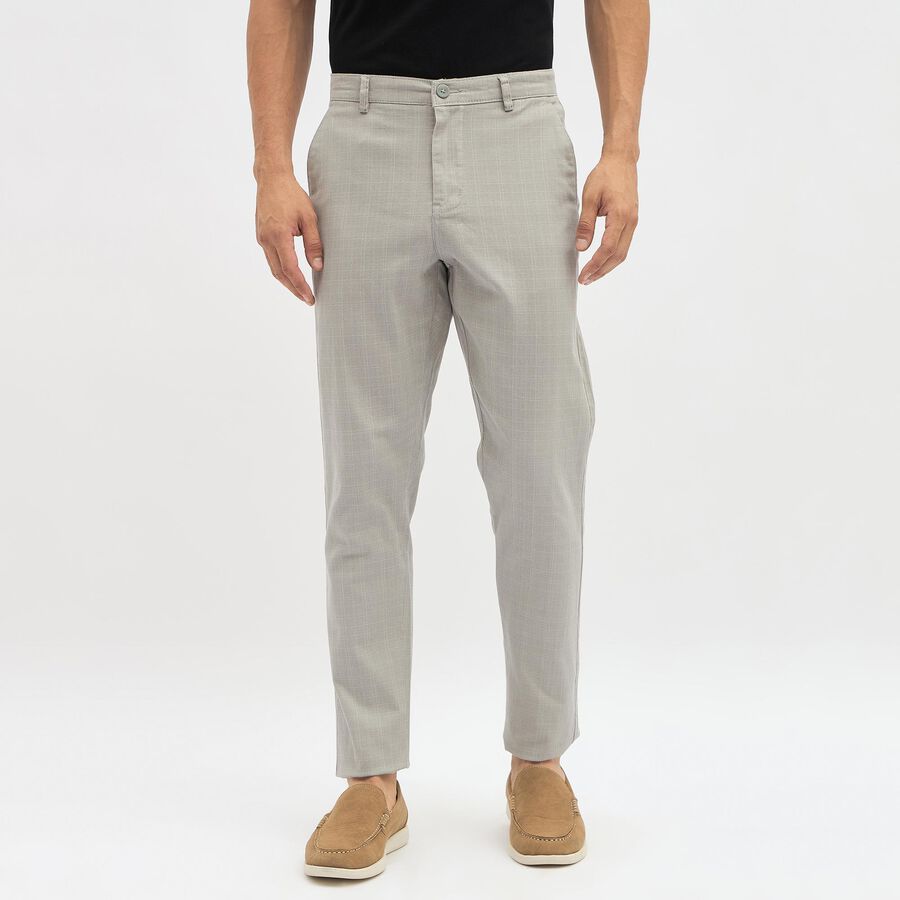 Men's Light Grey Slim Fit Flat-Front Casual Trousers, Light Grey, large image number null