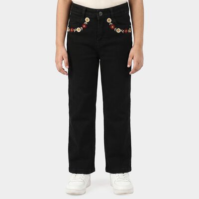 Girls Black Straight Fit Embroidered Jeans