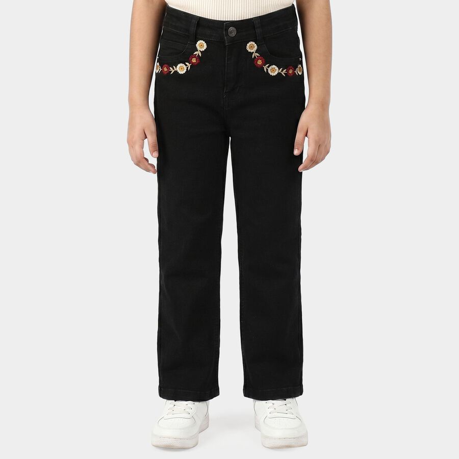Girls Black Straight Fit Embroidered Jeans, काला, large