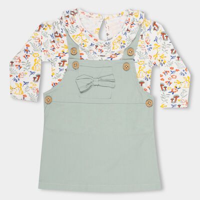 Infants' Pastel Sage Green Printed Round Neck Pinafore Frock