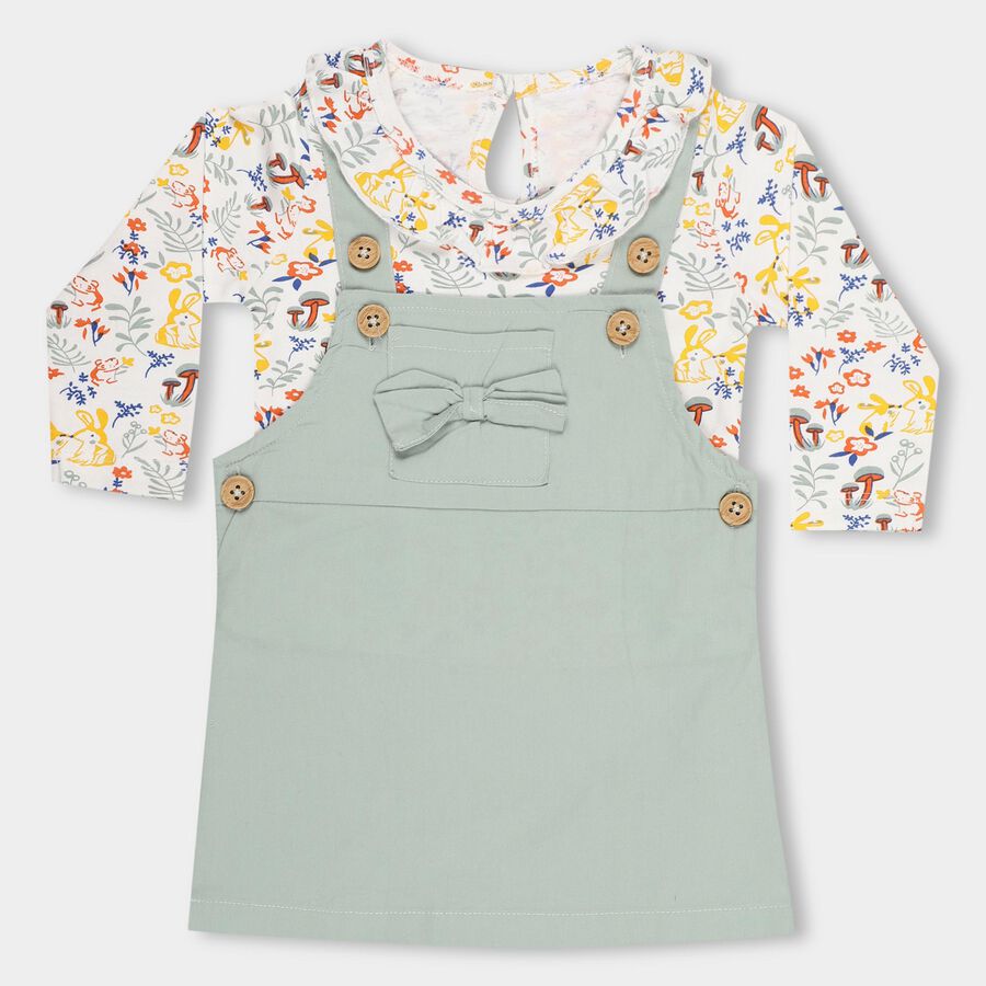 Infants' Pastel Sage Green Printed Round Neck Pinafore Frock, हल्का हरा, large image number null