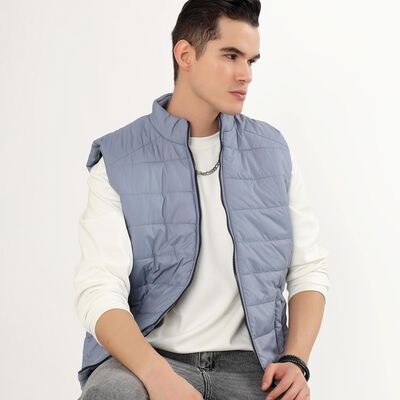 Men's Light Blue High Neck Casual Jacket