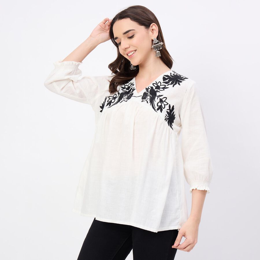 Women's Eggshell White Cotton Notch Neck Floral Printed Kurti, White, large