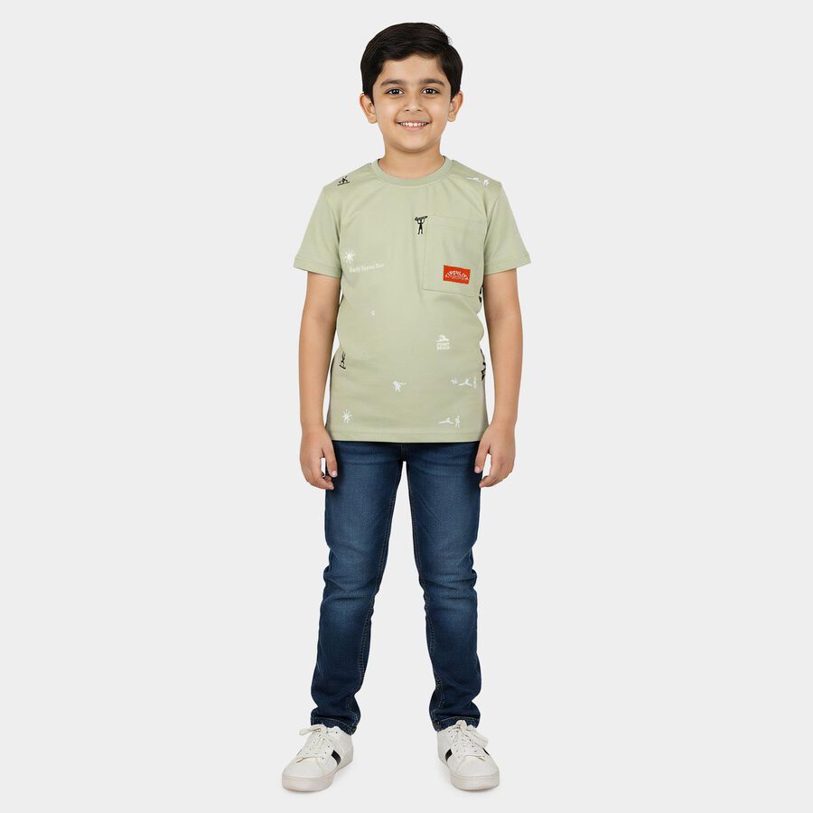 Boys Green Cotton Round Neck Casual Boys T-Shirt, Light Green, large