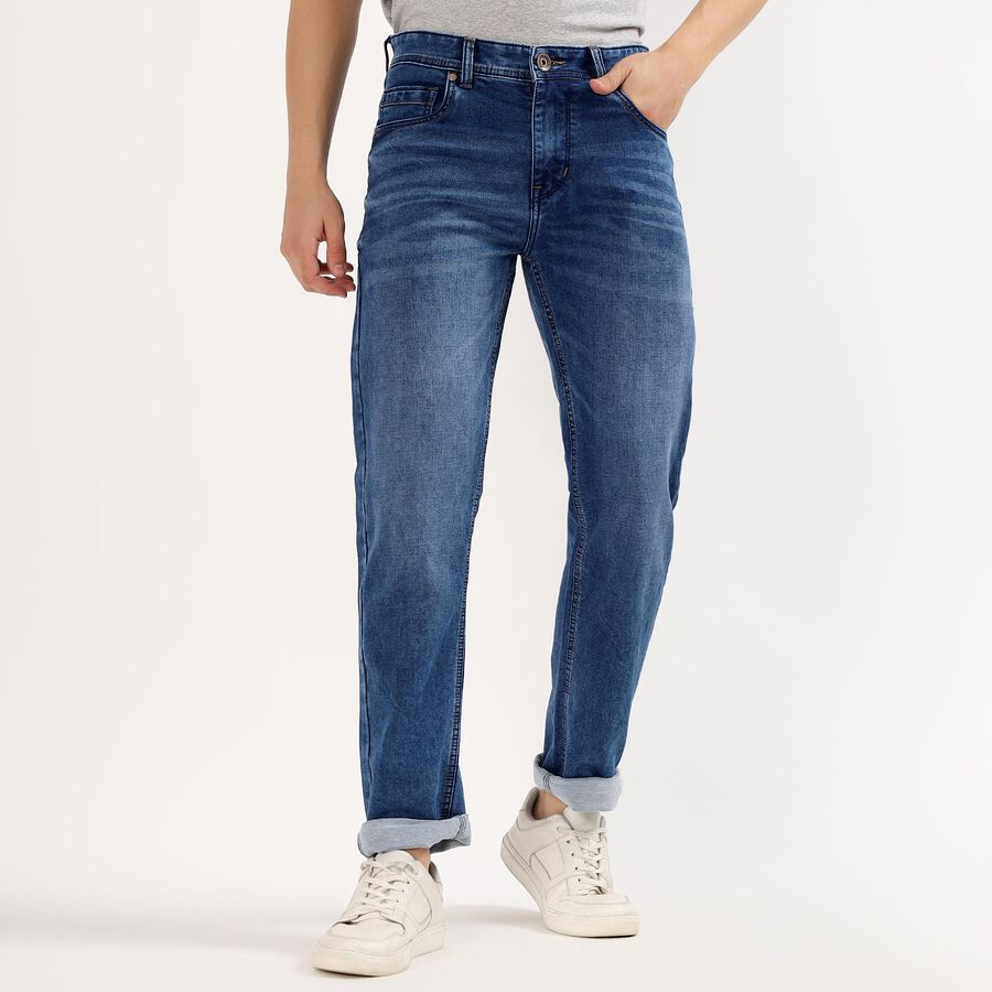 Men's Stonewashed Blue Straight Fit Classic Jeans, मध्यम नीला, large image number null