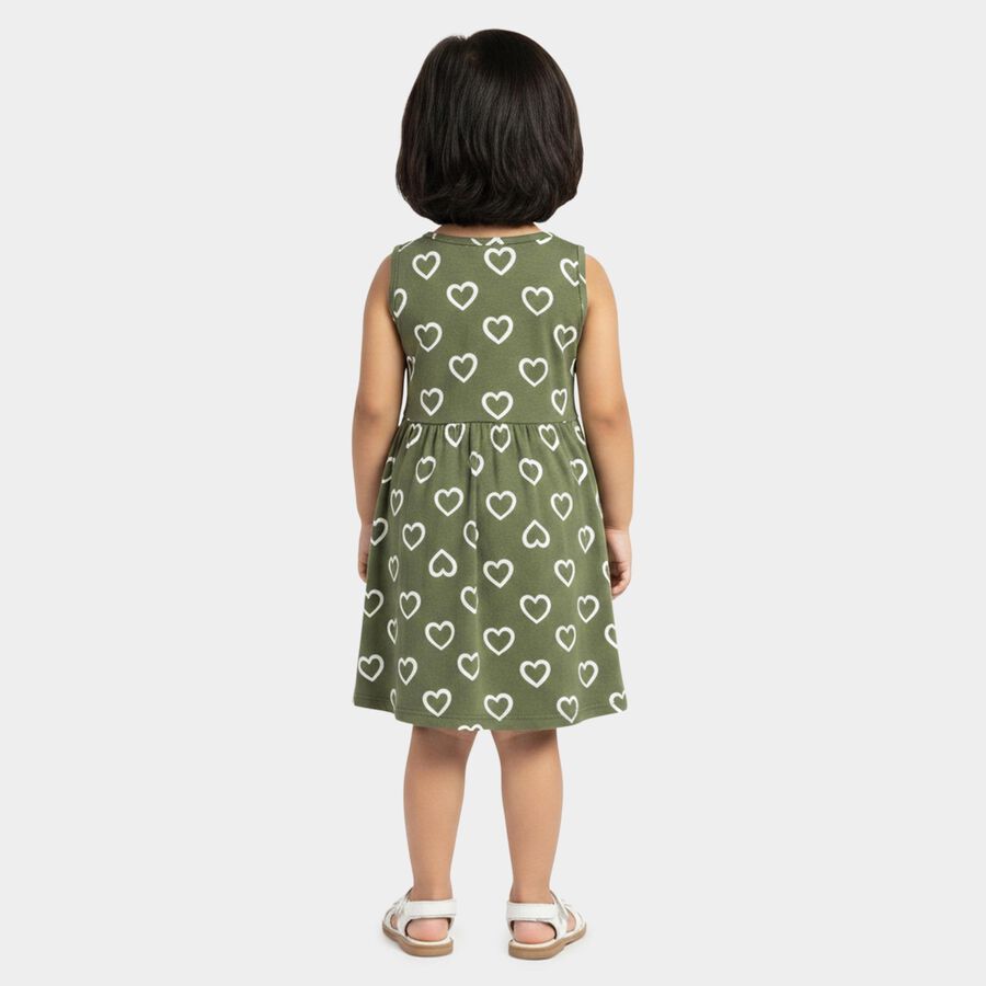 Girls' Olive Green Regular Fit Heart Printed Sleeveless Frock, हल्का हरा, large