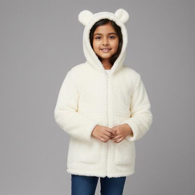 Girls' White Hooded Casual Jacket