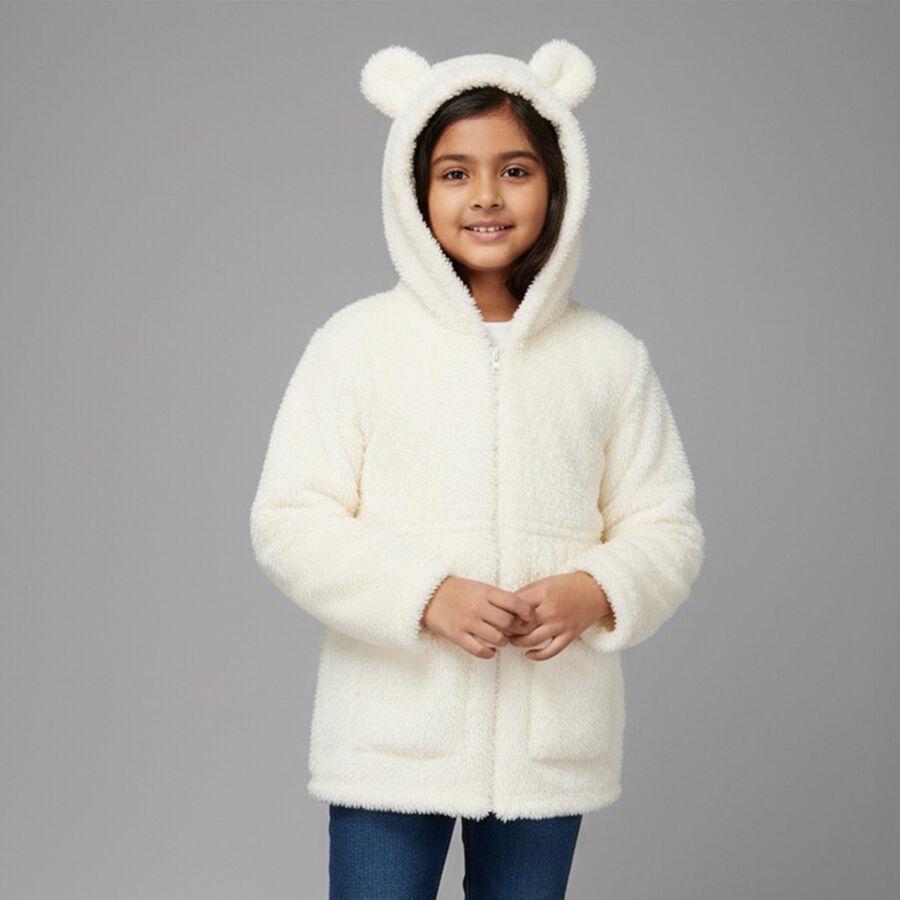 Girls' White Hooded Casual Jacket, Off White, large image number null
