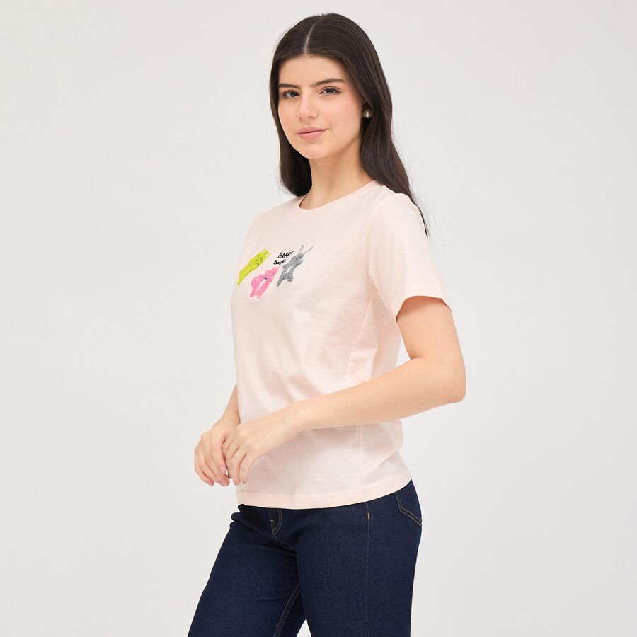 Women's Light Pink Cotton Round Neck Embellished T-Shirt, Light Pink, large
