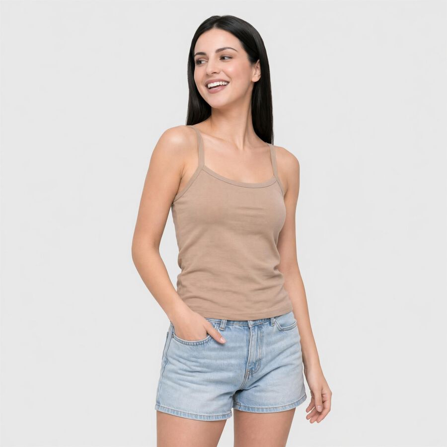 Women's Brown Cotton Scoop Neck Camisole Slip, Brown, large