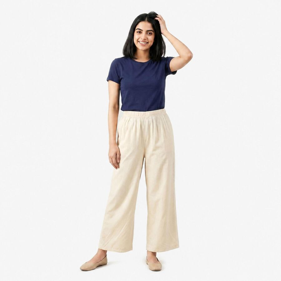 Women's Off White Regular Fit Solid Palazzos, ऑफ व्हाइट, large