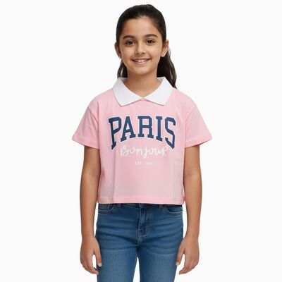 Girls Light Pink Cotton Polo Neck Graphic T-Shirt
