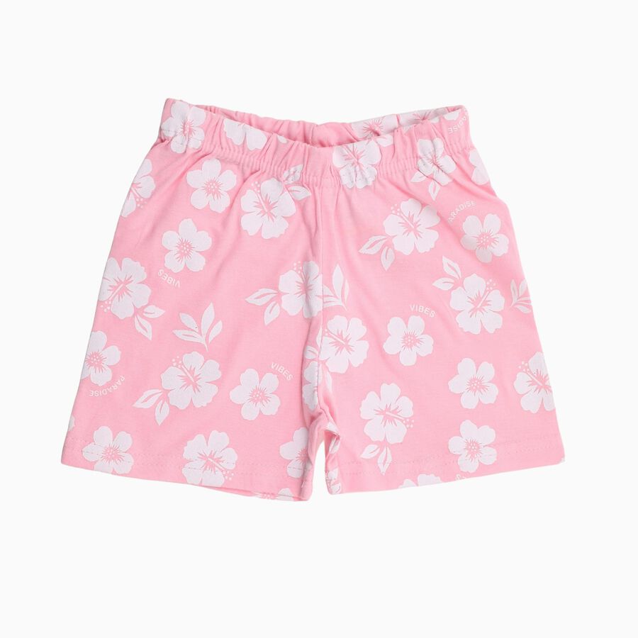 Girls' Soft Pink Floral Cotton Blend Shorts, गुलाबी, large