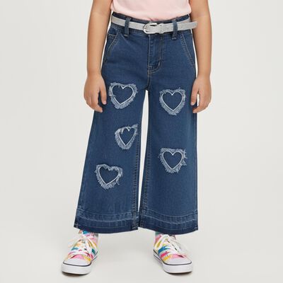 Girls' Dark Indigo Wide Leg Heart Patch Jeans