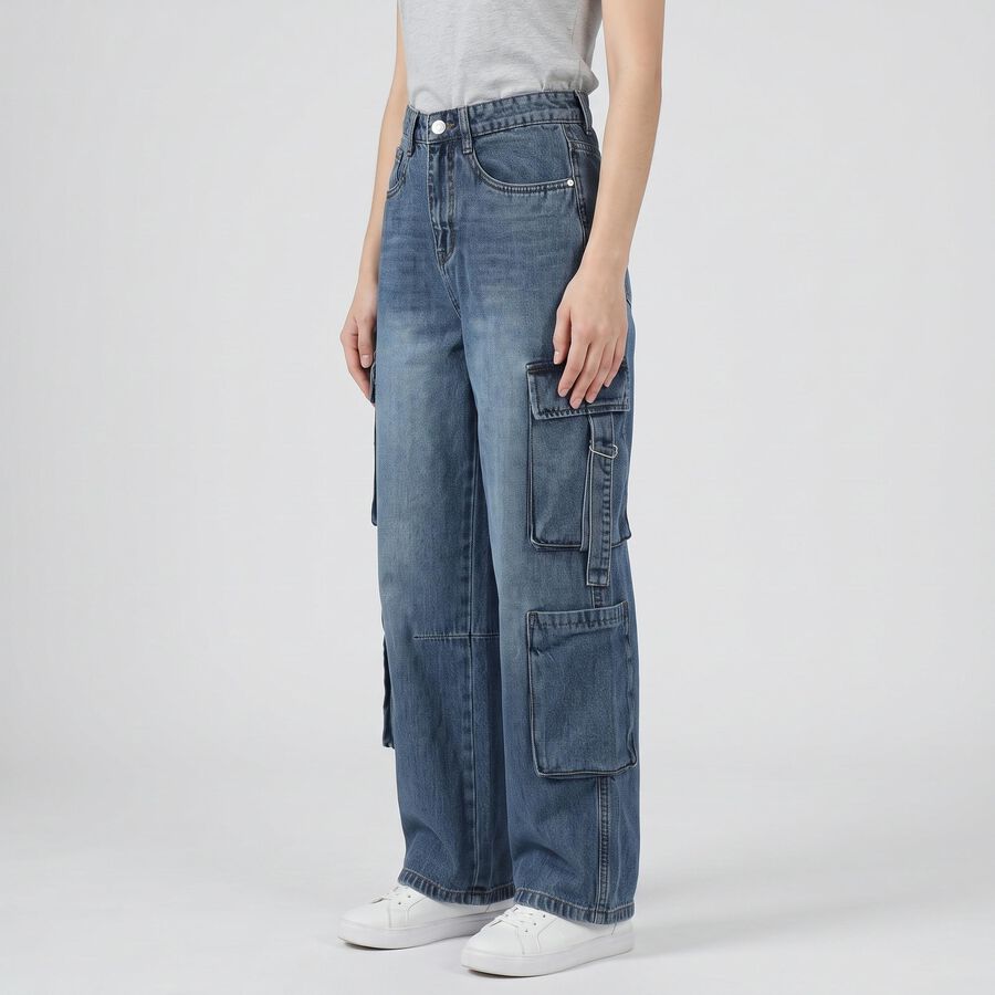 Women's Blue Cargo Fit Utility Jeans, मध्यम नीला, large