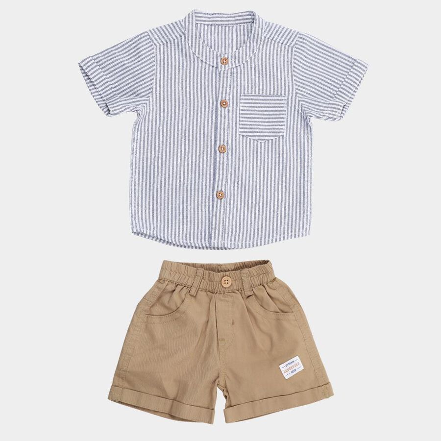 Infants' Beige Cotton Mandarin Collar Striped Baba Suit, गहरा पीला, large image number null