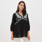 Women's Black Cotton V-Neck Embroidered Kurti, काला, small image number null