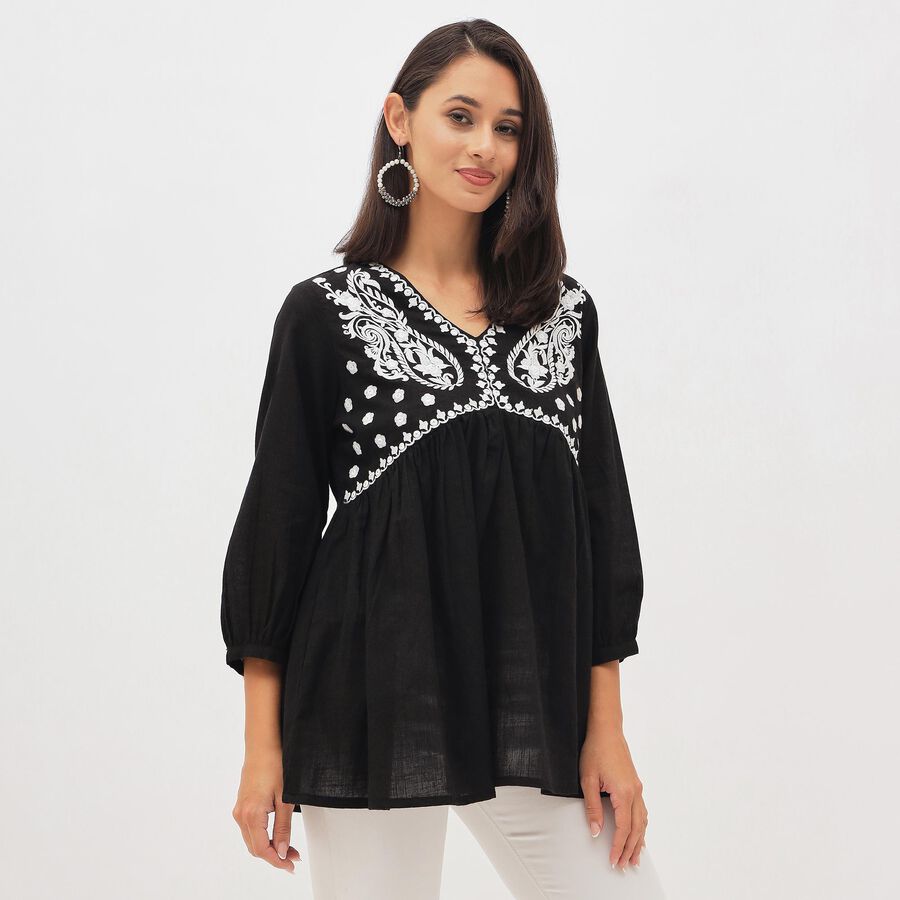 Women's Black Cotton V-Neck Embroidered Kurti, काला, large image number null