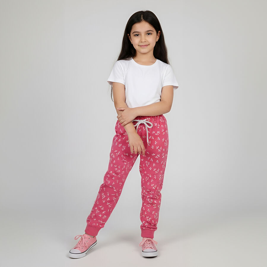 Girls' Bright Pink Floral Printed Cotton Blend Pyjama, गुलाबी, large image number null