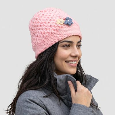 Women's Pink Floral Embellished Beanie Cap