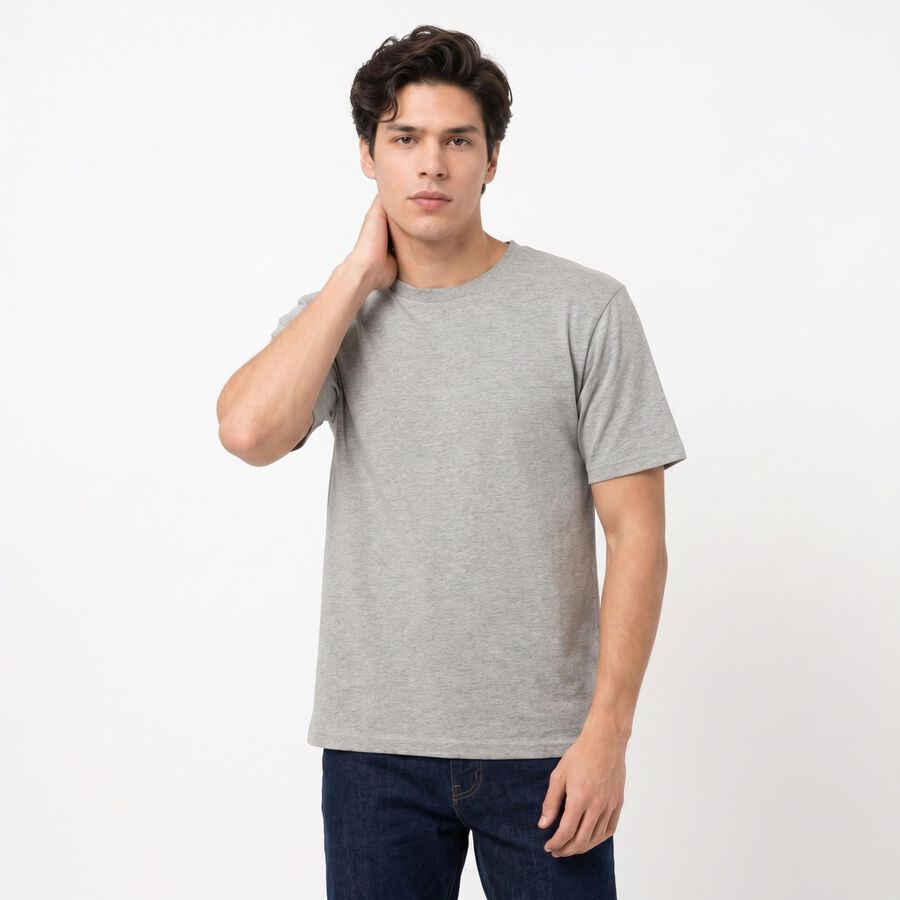 Men Grey Round Neck Regular T-Shirt, Melange Mid Grey, large