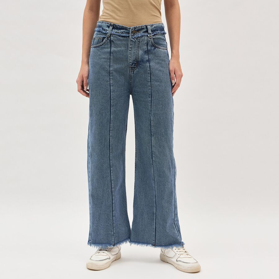Women's Stonewashed Blue Wide-Leg High-Rise Jeans, मध्यम नीला, large image number null