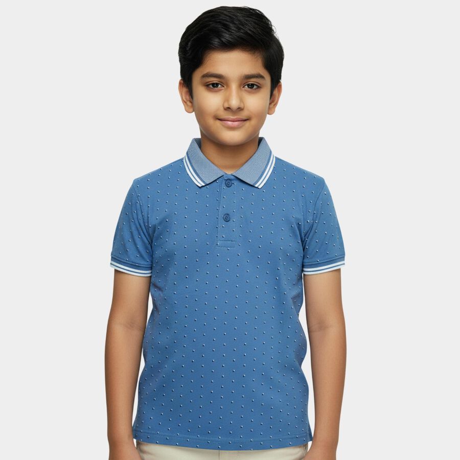 Boys Blue Cotton Polo Collar Preppy Half Sleeve T-Shirt, Light Blue, large