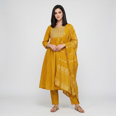 Women's Mustard Embroidered Ethnic Set