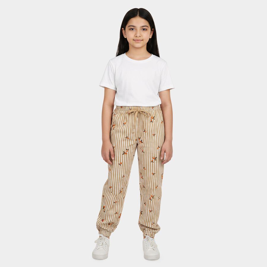 Girls' Beige Jogger Fit Striped Printed Cotton Blend Pyjama, गहरा पीला, large