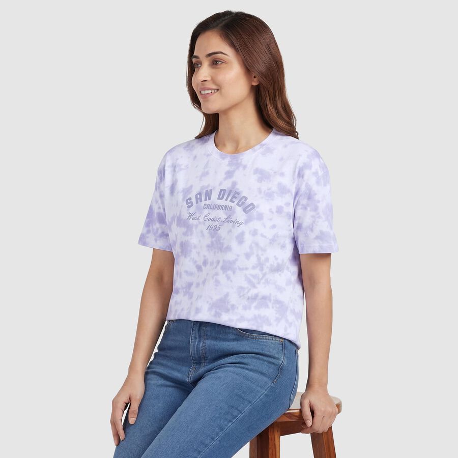 Women's Lavender Cotton Round Neck Casual T-Shirt, लाइलेक, large