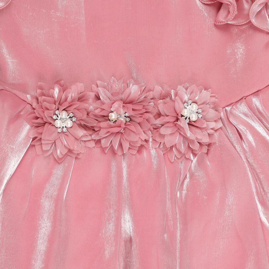 Girls' Shimmering Pink Sleeveless Flared Embellished Frock, Light Pink, large image number null