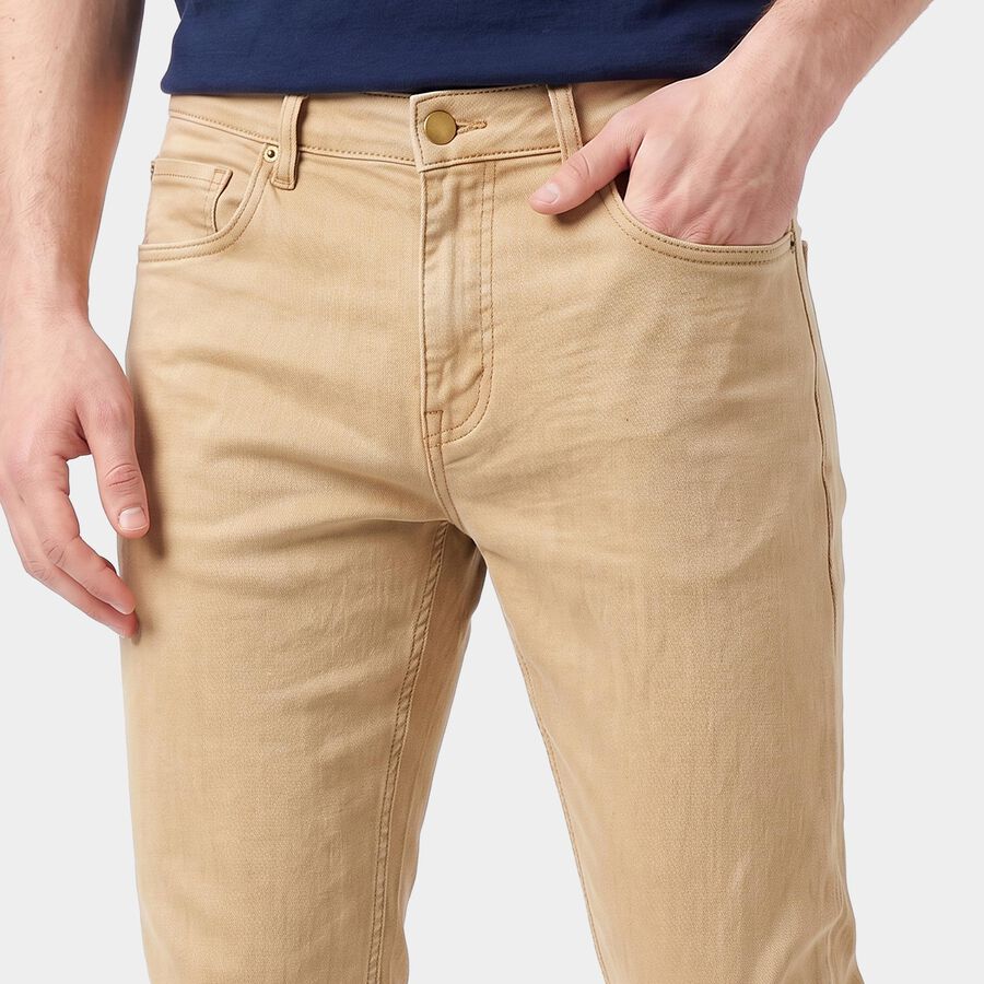 Men's Beige Slim Fit Solid Jeans, गहरा पीला, large