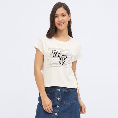 Women's Off-White Cotton Round Neck Casual Crop T-Shirt
