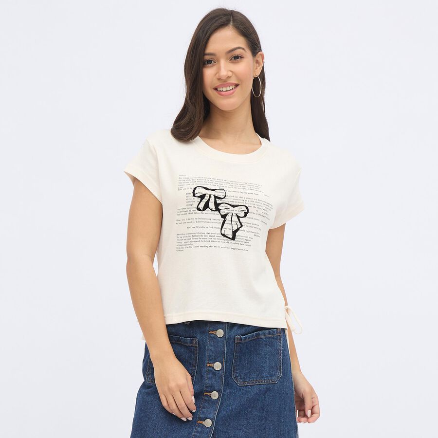 Women's Off-White Cotton Round Neck Casual Crop T-Shirt, Off White, large image number null