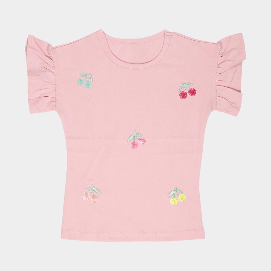 Girls' Pink Cotton Round Neck Casual T-Shirt, Light Pink, large