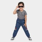 Girls Blue Jogger Fit Embroidered Cargo Jeans, मध्यम नीला, small