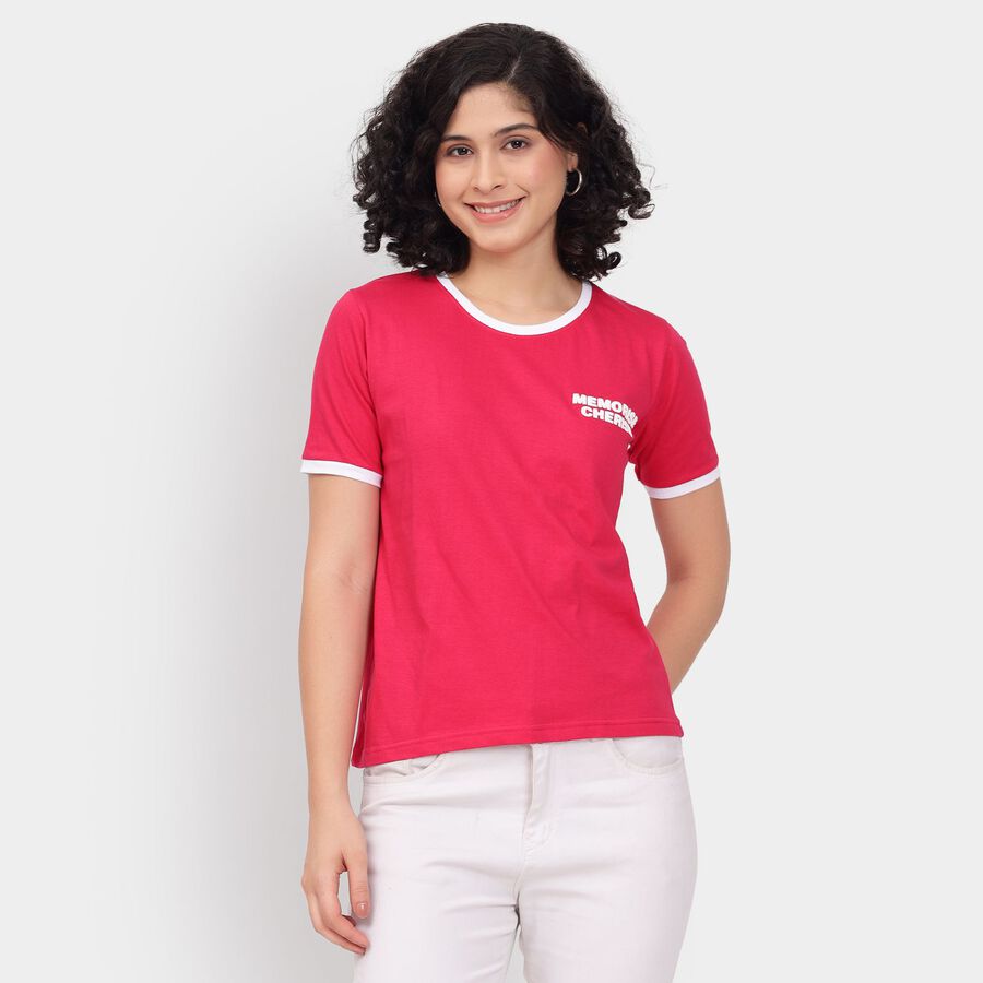 Ladies' Cotton Round Neck T-Shirt, रानी (फ्यूशिया), large image number null