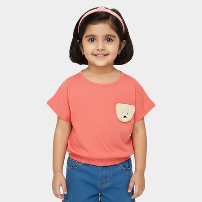 Girls' Coral Cotton Round Neck Casual T-Shirt